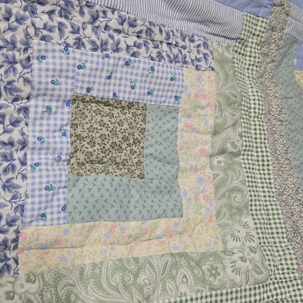 Vintage Log Cabin Lap Quilt stripe logcabin block squares blue green crib quilt - Picture 8 of 14